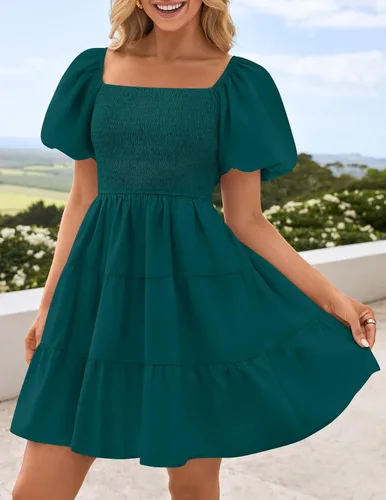 Vista 2 de ZESICA Mini vestido corto de verano bohemio 2026 con cuello cuadrado, manga abombada, hombros descubiertos, fruncido, escalonado, casual