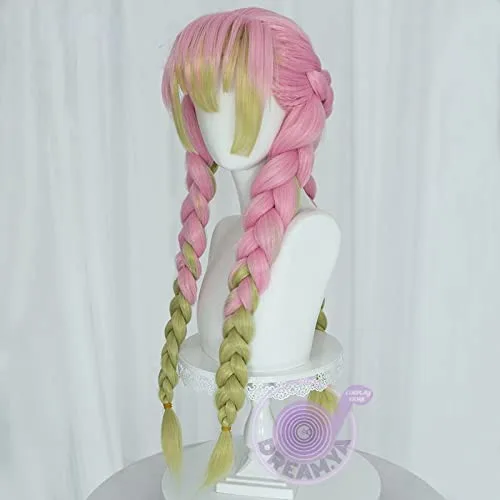 Vista 3 de Peluca de cosplay Kanroji Mitsuri Cosplay peluca anime Demon Slayer Kimetsu No Yaiba rosa verde largo trenzado pelo sintético fiesta de Halloween +