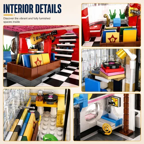 Vista 7 de General Jim's Tienda de música y lavado de autos Street View Modular City Building Block Set, 2,168 piezas con kit de luz Juguetes y ladrillos GJ