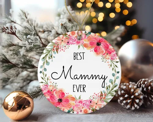 Vista 3 de Adorno de Navidad con la frase "Best Mammy Ever", adorno de Navidad para mamá de hijo, hija, regalos de nana, adorno de Navidad impreso en ambos