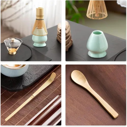Vista 6 de Juego de batidor de matcha, 4 piezas, incluye batidor de bambú, cuchara, cuchara, soporte para batidor matcha. Juego de batidor matcha esencial