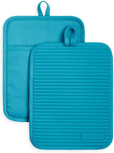 Vista 7 de KitchenAid - Juego de 2 agarraderas de silicona suave y acanalada, impermeables, terciopelo azul