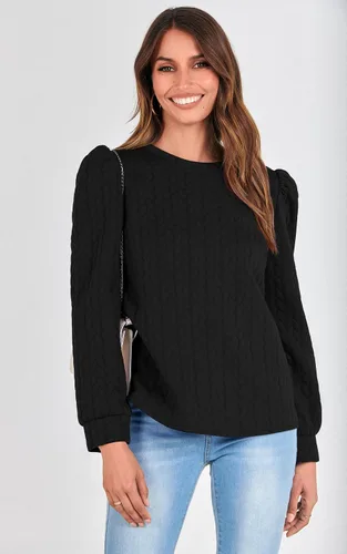 Vista 4 de PRETTYGARDEN Sudaderas de manga abullonada para mujer, para otoño, casual, cuello redondo, textura torcida sólida, sin botones