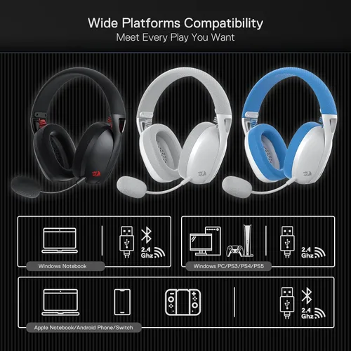 Vista 7 de Redragon H848 Auriculares inalámbricos Bluetooth para juegos, ligeros, sonido envolvente 7.1, controladores de 1.575in, micrófono desmontable