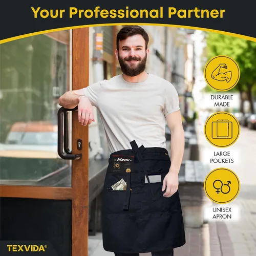Vista 4 de Delantal unisex para servidor bistró con bolsillo con cremallera, grado comercial (negro, 24 x 20 pulgadas)