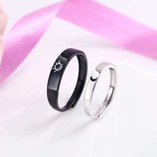 Vista 4 de Beydodo Anillos de plata 925 personalizados ajustables con sol y luna a juego grabados I LOVE YOU Anillos para parejas Anillos de boda
