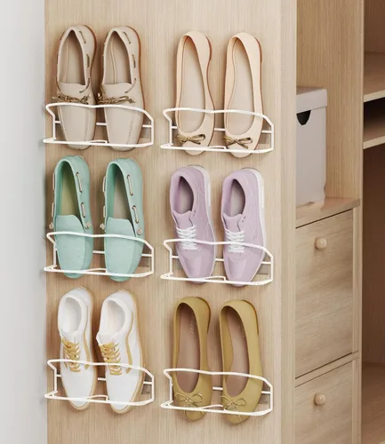 Vista 10 de Zapatero montado en la pared, paquete de 4 unidades, con tiras adhesivas para colgar, almacenamiento de zapatos de pared de metal, organizador