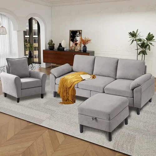 Vista 13 de Juego de sofá modular convertible de 79 pulgadas, moderno sofá pequeño en forma de L de lino con otomana reversible y sofá biplaza, sofás de 3 Beige