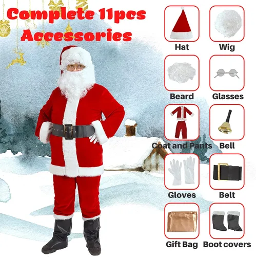 Vista 5 de Disfraz de Papá Noel para hombres, traje de Papá Noel para adultos, 11 piezas, traje de terciopelo rojo de lujo, Navidad, vacaciones, fiesta