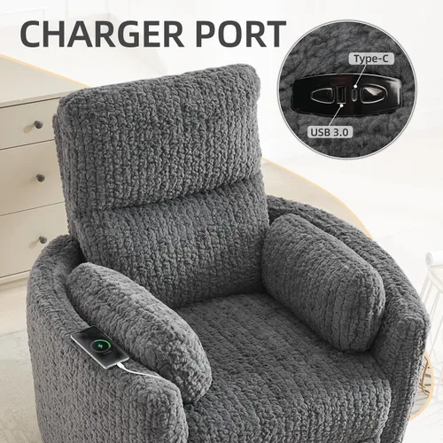 Vista 4 de Silla reclinable mecedora giratoria eléctrica con 2 almohadas, sillas reclinables eléctricas con puerto de carga tipo C y USB para sala de estar Gris