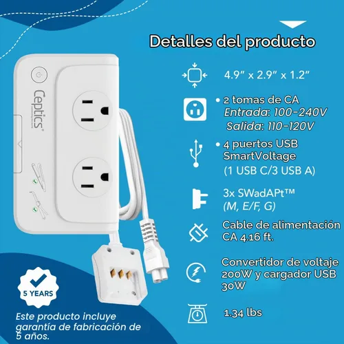 Vista 3 de Ceptics Convertidor de voltaje de Sudáfrica - Convertidor de 200 W de 220 V a 110 V para dispositivos como rizador, alisador, cargadores, enchufe