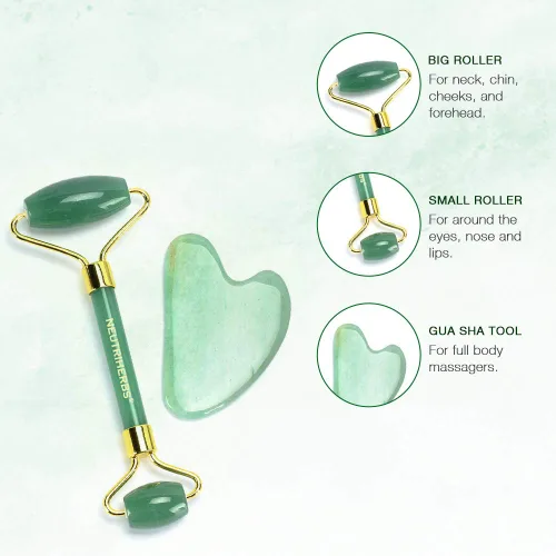 Vista 6 de NEUTRIHERBS Jade Gua Sha y rodillo facial y suero de vitamina C Set de herramientas faciales (kit 3 en 1), masajeador facial casero para arrugas