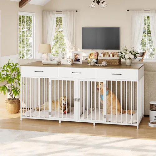 Vista 2 de HOSTACK Muebles de Jaulas Dobles para Perros, Perrera Interior de 71 Pulgadas de Ancho con 3 Cajones, Jaula para Perros Estilo Granja para 2 Perros