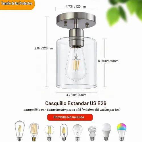 Vista 3 de Lámpara de techo semiempotrada de 1 luz, lámparas de techo de níquel cepillado, lámparas modernas para montaje en techo, luces de techo con pantalla