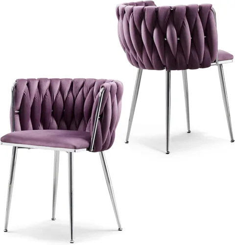 Vista 34 de Juego de 2 sillas de comedor de terciopelo, sillas laterales tapizadas tejidas con patas de metal negro, sillas decorativas modernas, sillas