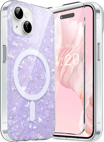 Vista 17 de Funda MagSafe para iPhone 15 Pro para mujeres y niñas, funda magnética iridiscente con purpurina iridiscente de ópalo perlado