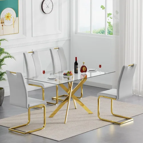 Vista 21 de Juego de mesa de comedor de cristal de lujo de 36 pulgadas para 2, mesa de comedor redonda moderna de 3 piezas con 2 sillas de comedor de cuero