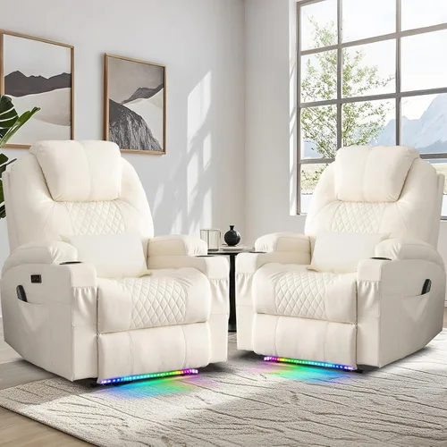 Vista 2 de AHMED Silla reclinable eléctrica con masaje por vibración y calor para adultos, asiento de cine en casa de piel sintética con portavasos, luces LED