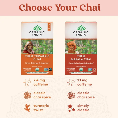 Vista 3 de Bolsas de té Organic India Tulsi Masala Chai - Albahaca Sagrada, té negro, especias con jengibre, alivio del estrés, apoyo inmunológico, USDA