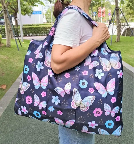 Vista 2 de Bolsa de compras plegable reutilizable para comestibles, portátil, impermeable, grande, bolsa de repuesto para mujer, bolsa de viaje para acampar