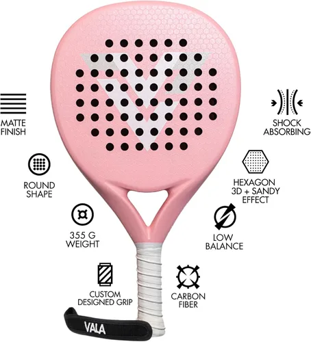 Vista 2 de VALA Una pala de pádel: fibra de carbono ligera, diseño absorbente de golpes, forma redonda, textura de agarre extra para giro y control, Pala
