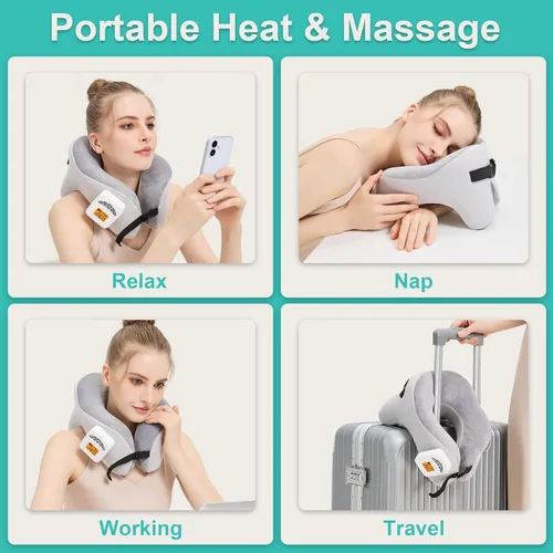 Vista 7 de AOBOCO Masajeador de cuello inalámbrico con calor, almohada de cuello calentada recargable de 5000 mAh para viajes, relajación de cuello, almohada