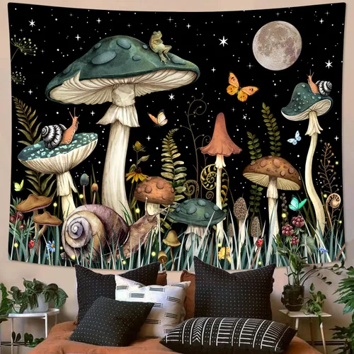 Vista 32 de Zussun Tapiz de hongo rojo, tapices de luna y estrella para dormitorio, estética de color beige, noche estrellada, planta verde, tapiz de pared