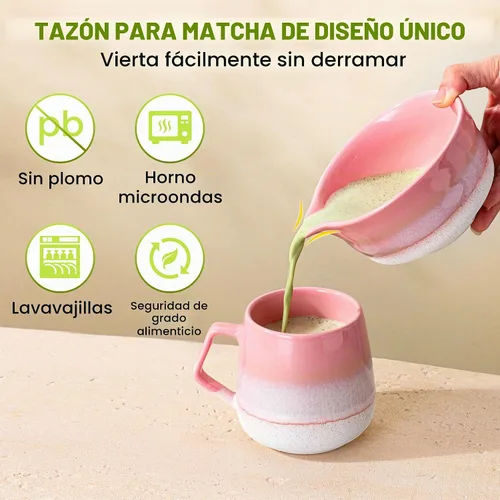 Vista 2 de Juego de batidor de matcha, kit de matcha con cuenco de cerámica de 18 onzas, batidor de bambú de 100 puntas, tamiz de acero inoxidable