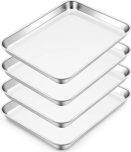Vista 30 de E-far Mini bandeja para horno tostador, bandeja para hornear galletas de acero inoxidable de 9.4 x 7.3 pulgadas, bandeja pequeña de metal no tóxico