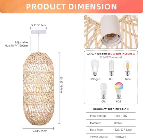 Vista 5 de Arturesthome Lámpara colgante de 1 luz de ratán natural, pantalla de lámpara colgante tejida, lámpara de techo colgante, lámpara colgante hecha a