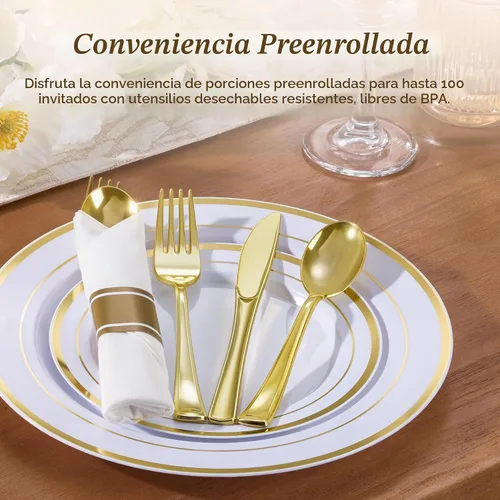 Vista 5 de Goodluck 100 Pack Pre Rolled Gold Plastic Silverware, Wrapped Cutlery