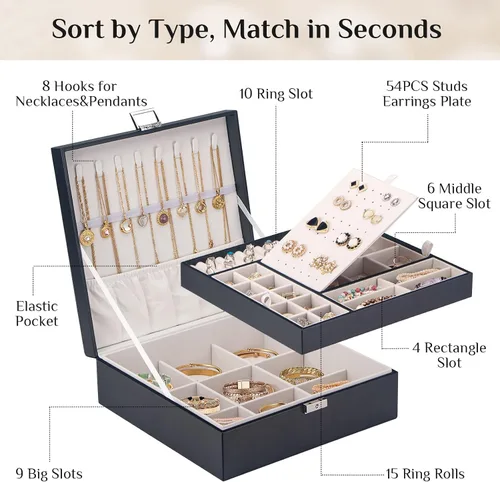 Vista 3 de Joyero con cerradura cajas de joyería grandes para mujeres y niñas regalo ideal organizador de joyas de doble capa joyero para almacenar aretes