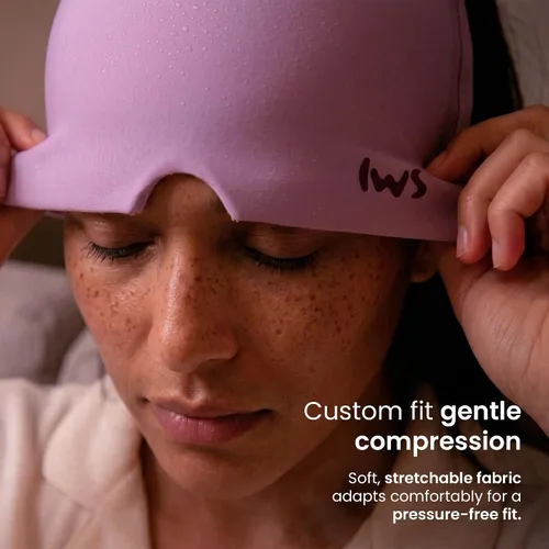 Vista 6 de IWS Aliv Head Gel Máscara de alivio de migraña – Tapa de gel de terapia caliente y fría para dolor de cabeza, presión sinusal y alivio del estrés