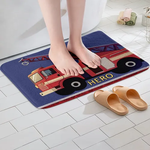 Vista 2 de Tapete de baño de camión de bomberos, alfombra de baño de automóvil de bombero, tractor, antideslizante, decoración de habitación para niños