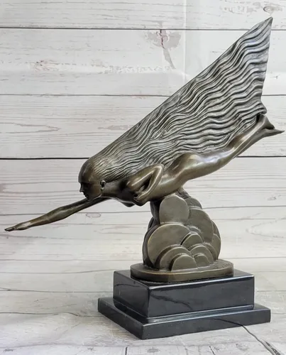 Vista 3 de EUROPEAN BRONZE Sign Riviere Nude Swim Girl - Escultura de bronce Art Deco para niña, regalo decorativo, regalo