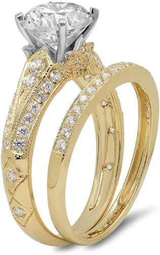 Vista 2 de Clara Pucci Juego de anillos de compromiso de boda de 210 quilates con diamantes de imitación de corte redondo y circonita cúbica de oro blanco