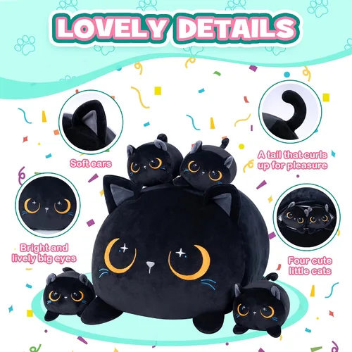 Vista 2 de Gato Negro de Peluche Lindo Gato de Peluche Suave con 4 Almohadas Navideñas, de Acción de Gracias, Cumpleaños para Niñas, Niños, Niños Decoración