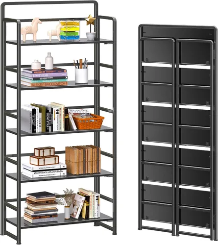 Vista 8 de 4NM Estantería plegable sin montaje, estante de almacenamiento para libros con estantes de 3 niveles, estilo vintage. Organizador de oficina y Todo