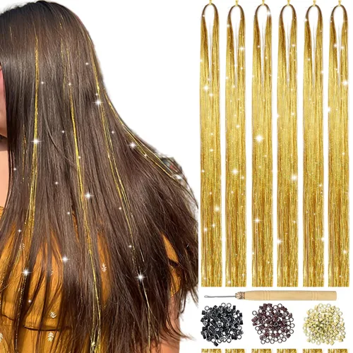 Vista 16 de Kit de Oropel para Cabello con Herramientas Extensiones de Cabello de Oropel Negro 6 Piezas 1200 Hebras Kit de Oropel para Cabello de Hadas