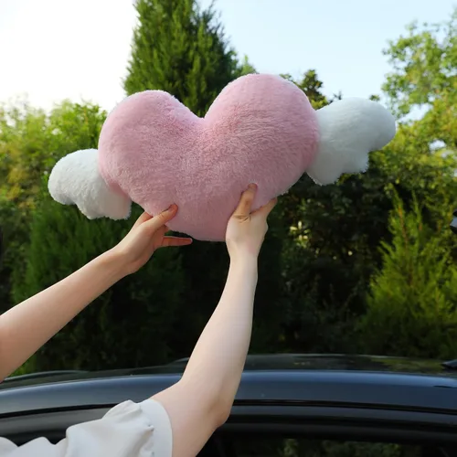 Vista 5 de Paquete de 2 almohadas para reposacabezas de automóvil en forma de corazón con alas de ángel, cómodo cojín suave para reposacabezas kawaii