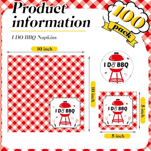 Vista 2 de Gueevin 100 servilletas de cóctel I Do BBQ, decoraciones de barbacoa rojo y blanco, servilletas a cuadros de papel desechable para bodas, despedidas