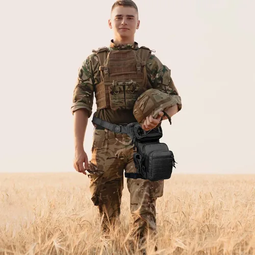 Vista 7 de Bolsa táctica de pierna caída para hombres, bolsa cruzada negra, mochila para muslo, bolsa militar de caza al aire libre, bolsa de motocicleta