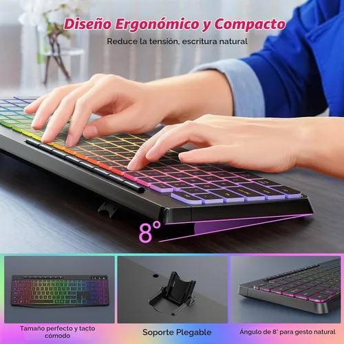 Vista 7 de Combo de teclado y mouse inalámbricos con retroiluminación, teclado ergonómico de tamaño completo 2.4G con letras iluminadas, mouse RGB recargable