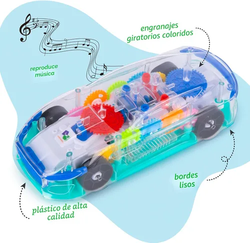 Vista 5 de ArtCreativity Juguete sensorial transparente con luz para niños, 1 unidad, auto de juguete con engranajes móviles coloridos, música y efectos LED