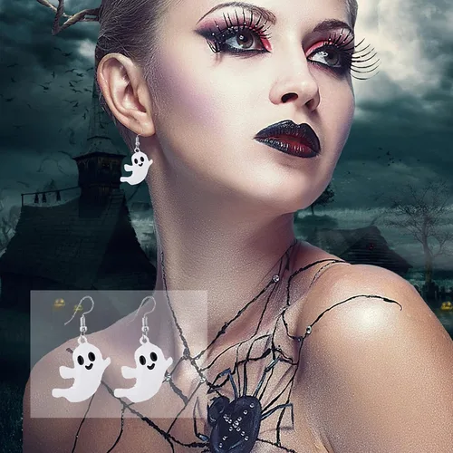 Vista 3 de 20 pares de aretes de Halloween para mujer, aretes colgantes de calabaza, araña, gato negro, para niñas, fiesta de Halloween