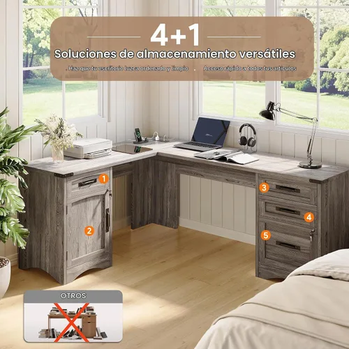 Vista 3 de Decofy L Shaped Farmhouse Executive Desk with Drawers, Grey Gris