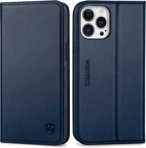 Vista 11 de SHIELDON Funda para iPhone 13 Pro Max 5G, Funda de Cartera de Cuero Genuino Magnética Folio a Prueba de Golpes con Soporte Kickstand Portador