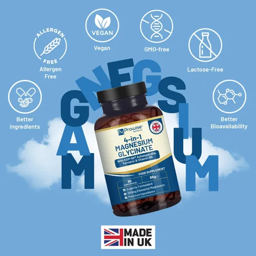 Vista 4 de Glicinato de magnesio 4 en 1 añadido con Ashwagandha KSM-66, cúrcuma y vitamina B6 90 cápsulas veganas 4,001 mg por porción Cápsula fácil