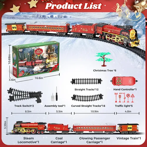 Vista 3 de Juego de tren de Navidad para alrededor debajo del árbol, tren eléctrico para árbol de Navidad con control remoto, sonido, humo y luz, locomotora
