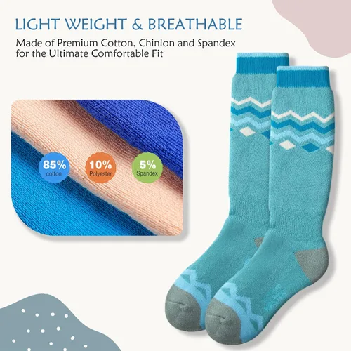 Vista 3 de OutdoorMaster Calcetines de esquí para niños, paquete de 2 pares de calcetines de snowboard para niños y niñas, diseño sobre la pantorrilla con puño